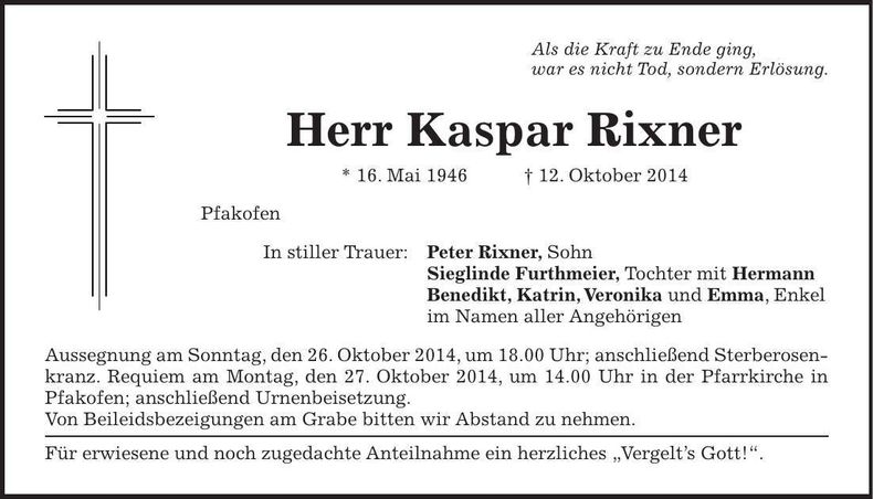 Traueranzeige Kaspar Rixner