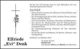 Traueranzeige Elfriede Denk