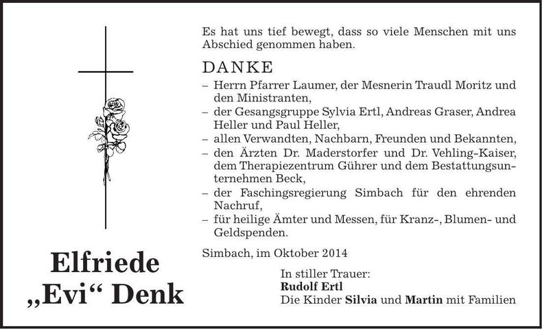Traueranzeige Elfriede Denk
