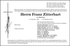 Traueranzeige Franz Zitterbart