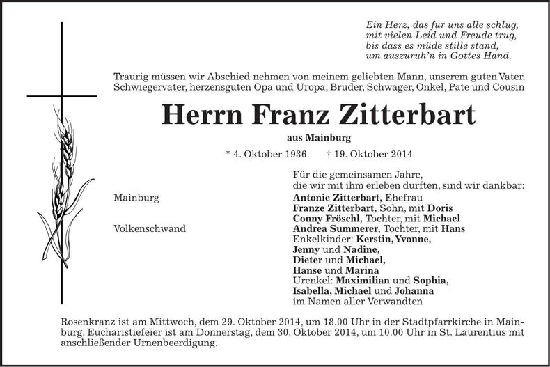 Traueranzeige Franz Zitterbart