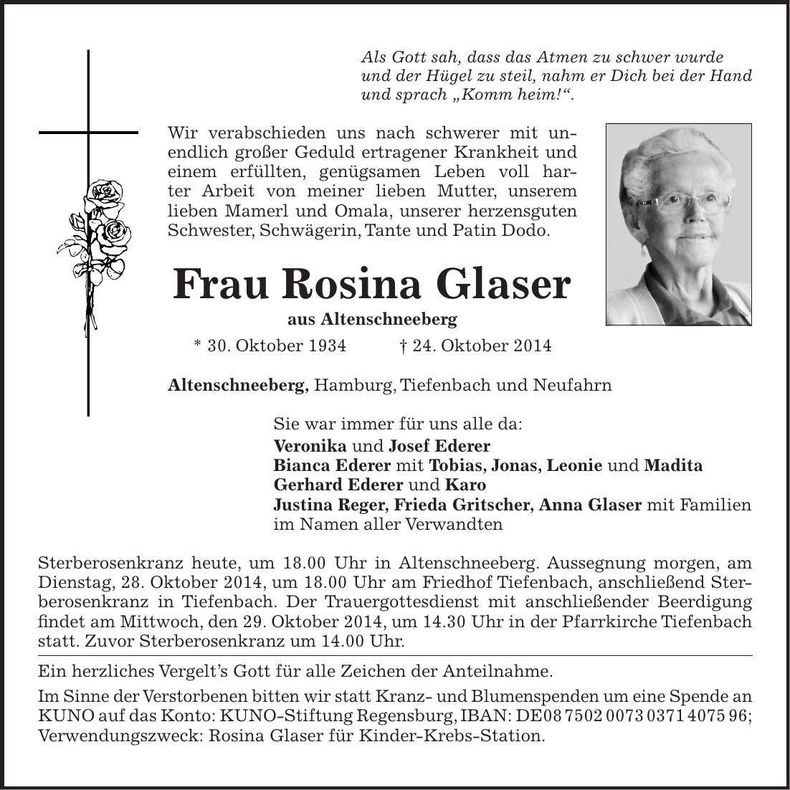 Traueranzeige Rosina Glaser