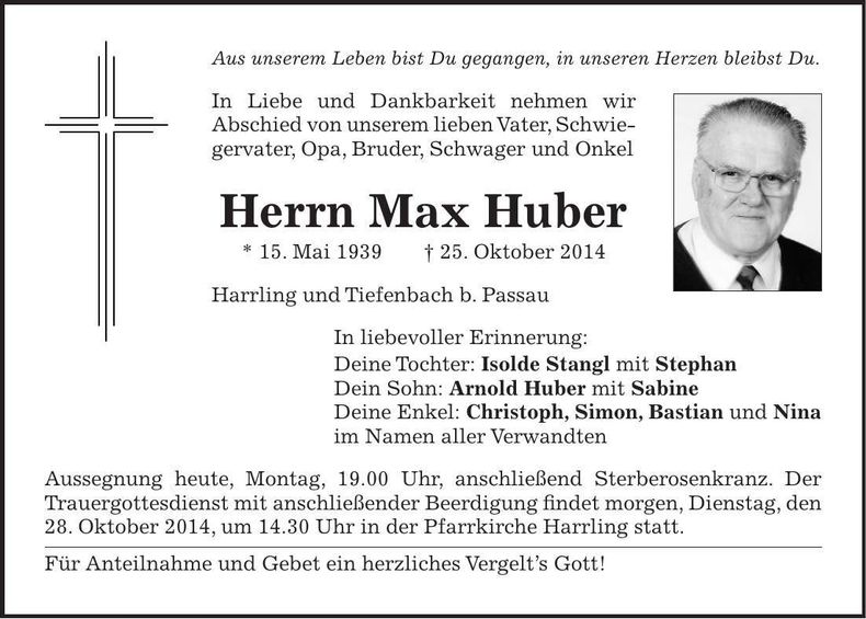 Traueranzeige Max Huber