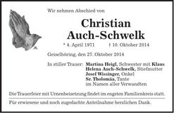 Traueranzeige Christian Auch-Schwelk