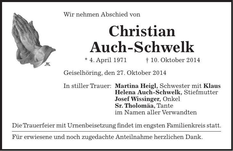 Traueranzeige Christian Auch-Schwelk