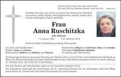 Traueranzeige Anna Ruschitzka
