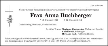 Traueranzeige Anna Buchberger