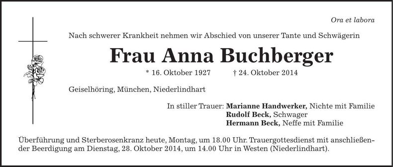 Traueranzeige Anna Buchberger