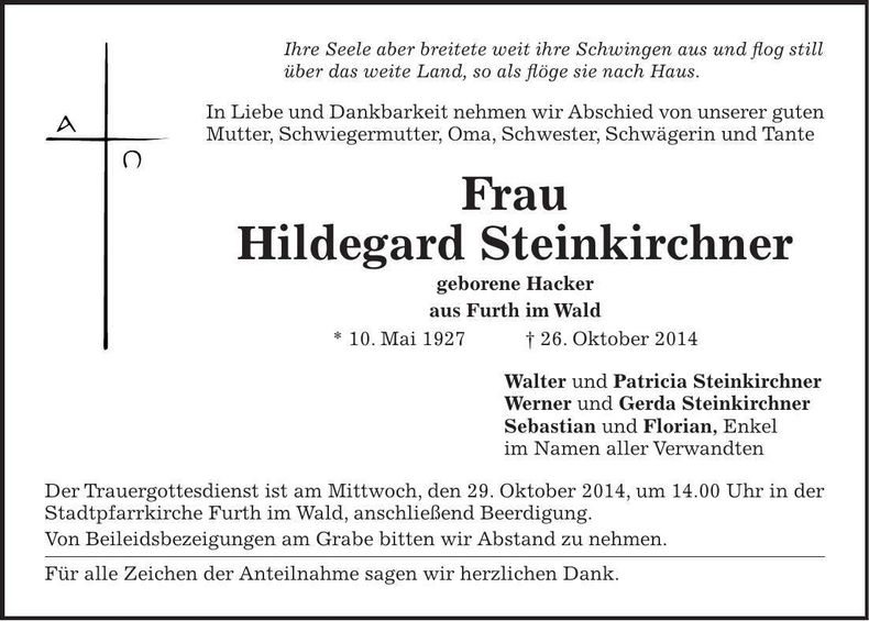 Traueranzeige Hildegard Steinkirchner
