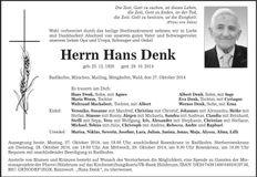 Traueranzeige Hans Denk