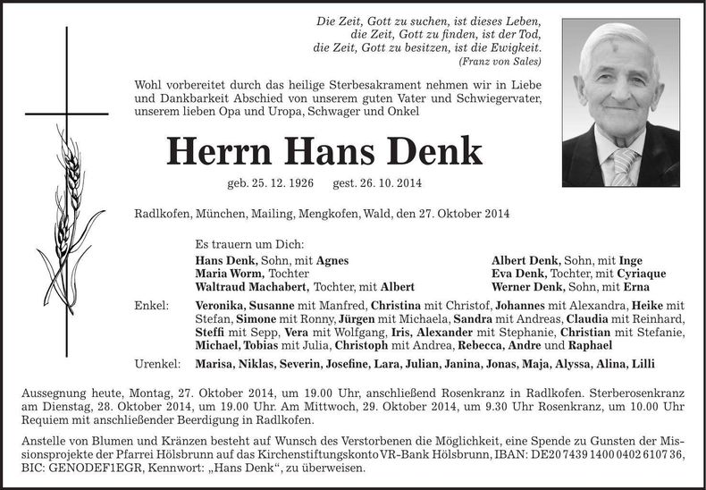 Traueranzeige Hans Denk