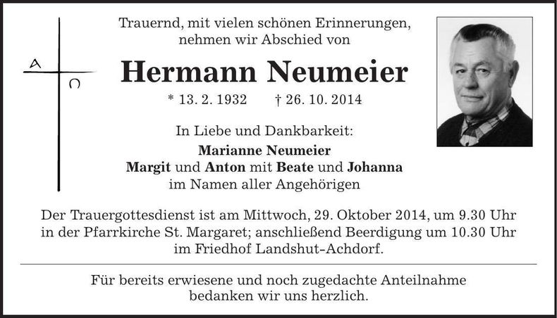 Traueranzeige Hermann Neumeier