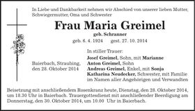 Traueranzeige Maria Greimel