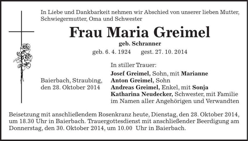 Traueranzeige Maria Greimel