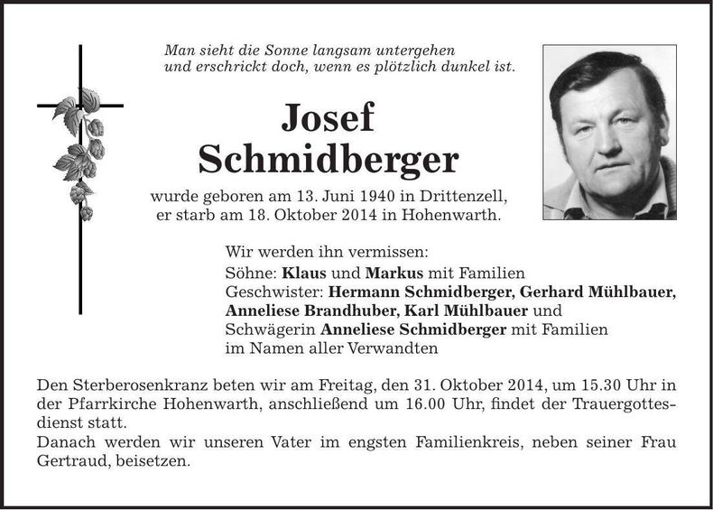Traueranzeige Josef Schmidberger