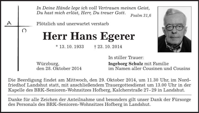 Traueranzeige Hans Egerer