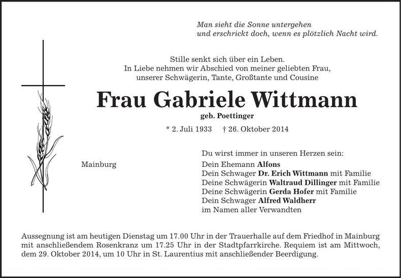 Traueranzeige Gabriele Wittmann