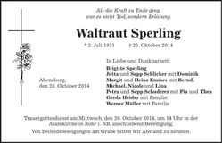 Traueranzeige Waltraut Sperling