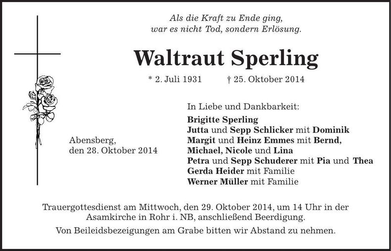 Traueranzeige Waltraut Sperling