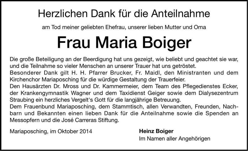 Traueranzeige Maria Boiger