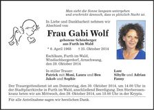 Traueranzeige Gabi Wolf