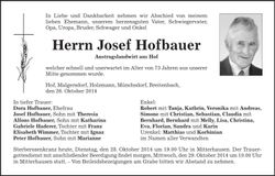 Traueranzeige Josef Hofbauer