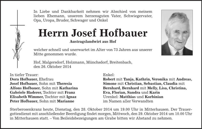 Traueranzeige Josef Hofbauer