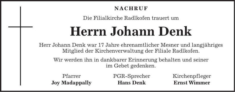 Traueranzeige Johann Denk
