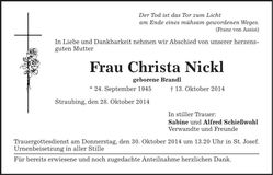 Traueranzeige Christa Nickl