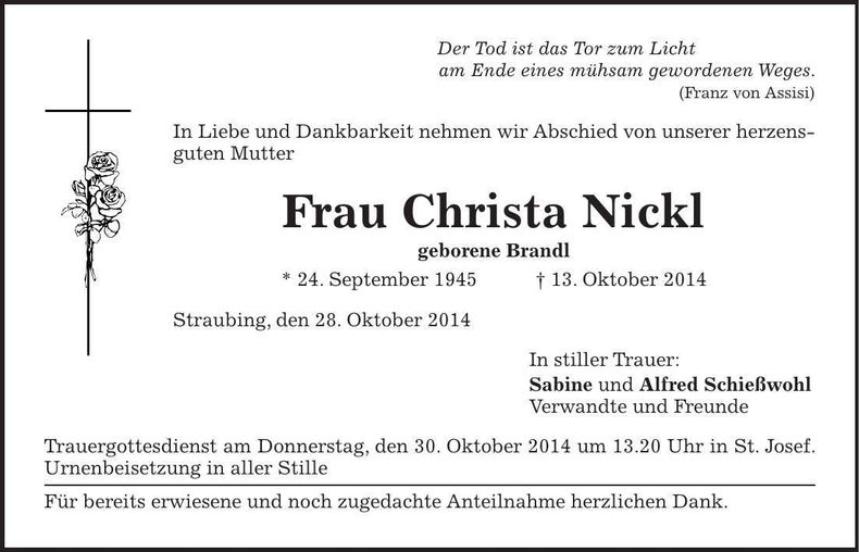 Traueranzeige Christa Nickl