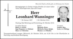 Traueranzeige Leonhard Wanninger