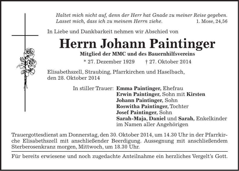 Traueranzeige Johann Paintinger