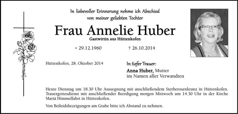 Traueranzeige Annelie Huber