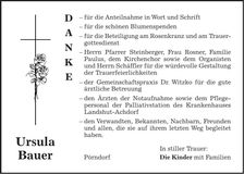 Traueranzeige Ursula Bauer