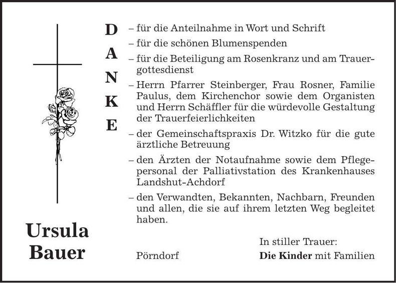 Traueranzeige Ursula Bauer