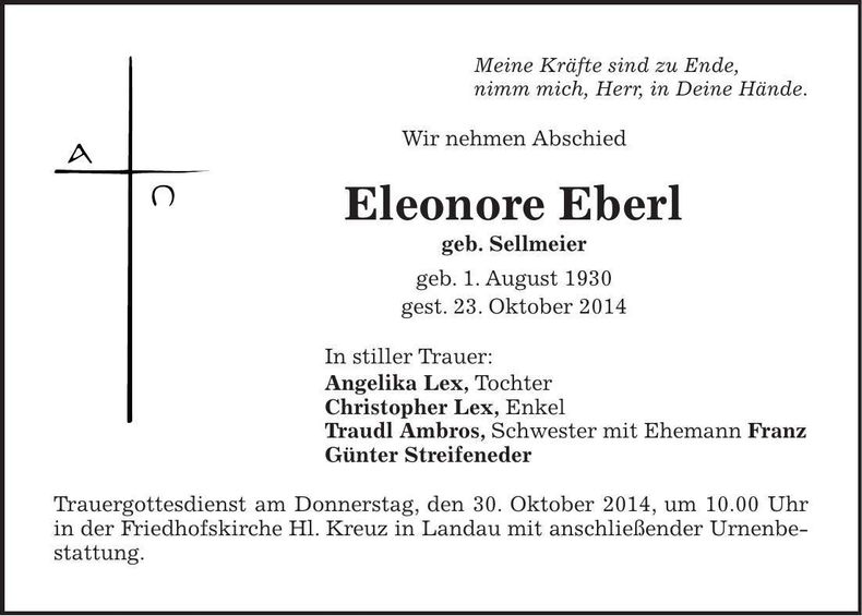 Traueranzeige Eleonore Eberl