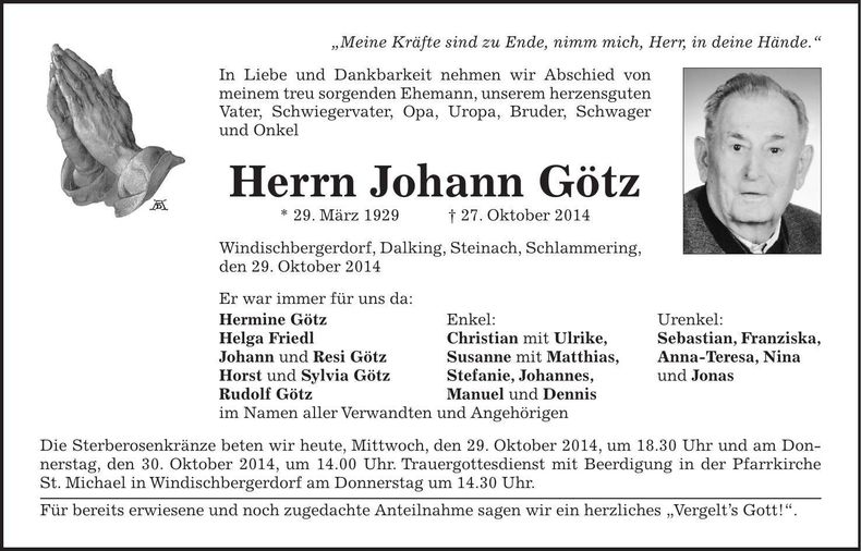 Traueranzeige Johann Götz