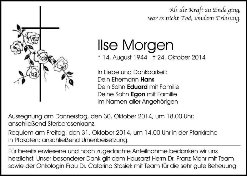Traueranzeige Ilse Morgen