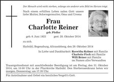 Traueranzeige Charlotte Reiner