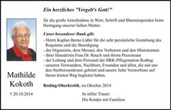 Traueranzeige Mathilde Kokoth