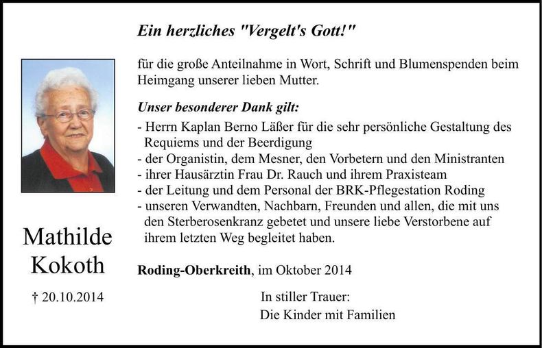 Traueranzeige Mathilde Kokoth