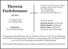 Traueranzeige Theresia Fuchsbrunner