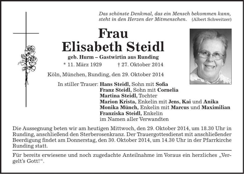 Traueranzeige Elisabeth Steidl