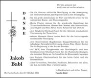 Traueranzeige Jakob Babl