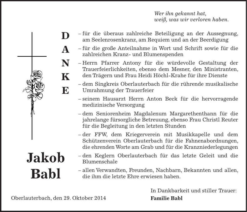 Traueranzeige Jakob Babl