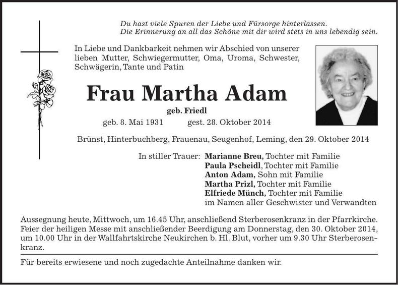 Traueranzeige Martha Adam