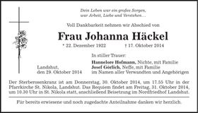 Traueranzeige Johanna Häckel