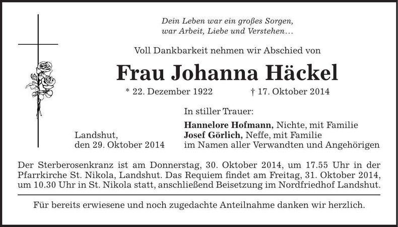 Traueranzeige Johanna Häckel