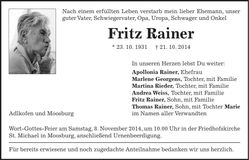Traueranzeige Fritz Rainer