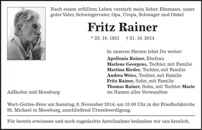Traueranzeige Fritz Rainer